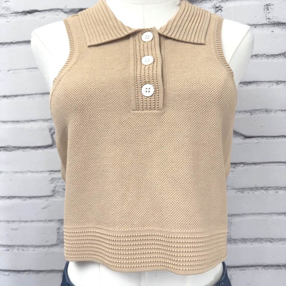 SER.O.YA Designer Tan Beige Knit Sleeveless Polo Cropped Sweater Tank Top‎ Large